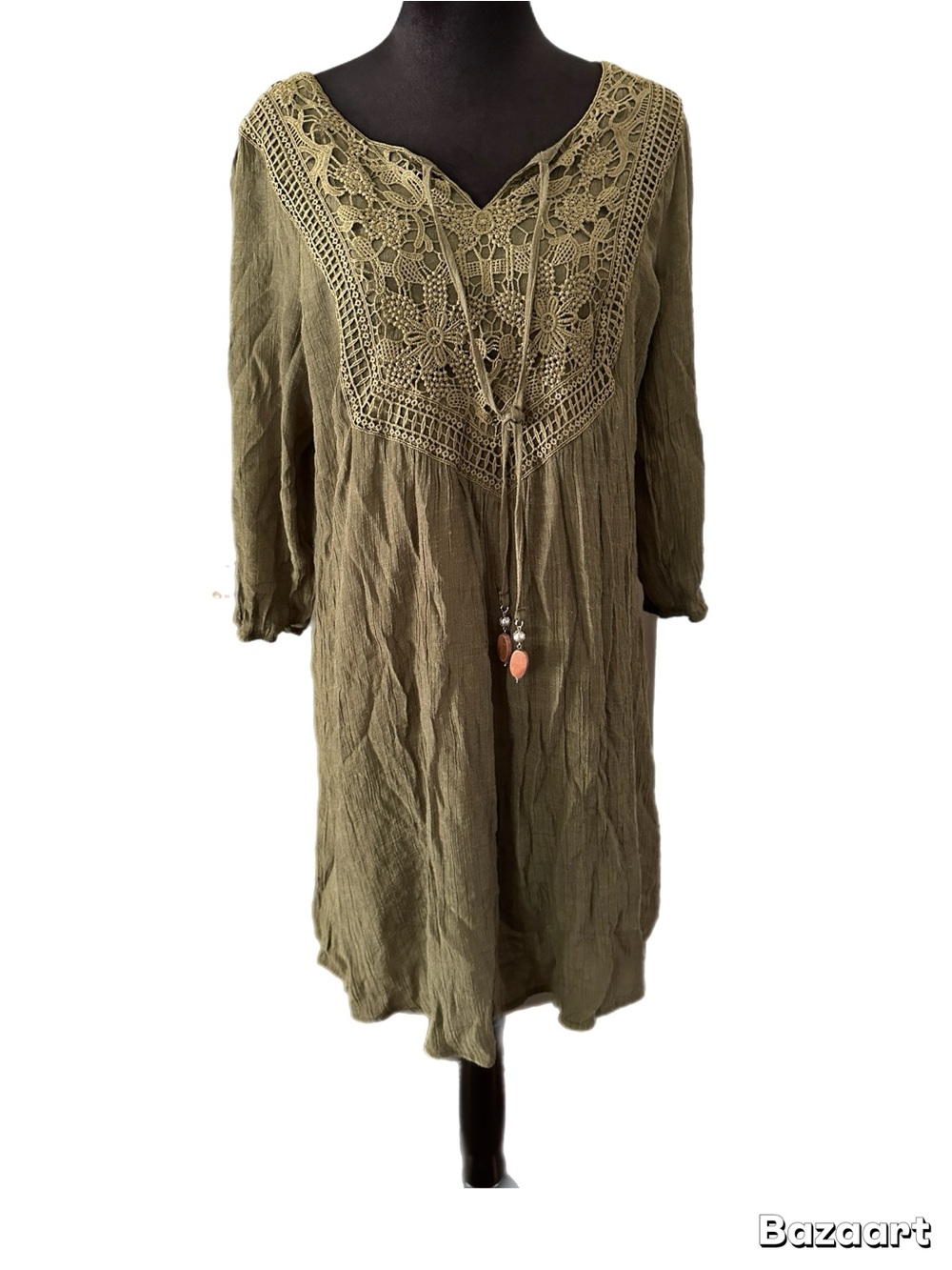Indigo Rose Olive Crochet Yoke Mini Dress with Tassel Tie